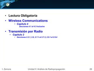 • Lectura Obligatoria
• Wireless Communications
• Capítulo 4
Secciones 4.1 al 4.3 inclusive
• Transmisión por Radio
• Capítulo 2
• Secciones 2.3.1, 2.6, 2.7.1 al 2.7.3, 2.9.1 al 2.9.4
26I. Zamora Unidad II: Análisis de Radiopropagación
 