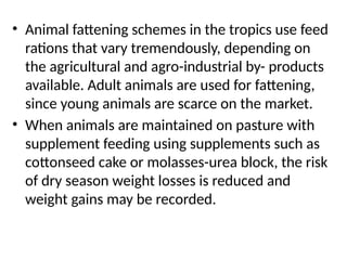 • Animal fattening schemes in the tropics use feed
rations that vary tremendously, depending on
the agricultural and agro-industrial by- products
available. Adult animals are used for fattening,
since young animals are scarce on the market.
• When animals are maintained on pasture with
supplement feeding using supplements such as
cottonseed cake or molasses-urea block, the risk
of dry season weight losses is reduced and
weight gains may be recorded.
 