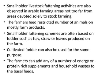 • Smallholder livestock fattening activities are also
observed in arable farming areas not too far from
areas devoted solely to stock farming.
• The farmers feed restricted number of animals on
mostly farm products.
• Smallholder fattening schemes are often based on
fodder such as hay, straw or leaves produced on
the farm.
• Cultivated fodder can also be used for the same
purpose.
• The farmers can add any of a number of energy or
protein rich supplements and household wastes to
the basal feeds.
 