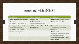 Antenatal visit (NHS )
First trimester Second trimester 3rd trimester
Dating booking 10-13+6 weeks 16 weeks visit 28 weeks visit (Hb and growth )
Education
Full history , LMP , dating , NT
18-21 weeks visit
(detailed anomalies scan )
34 week visit (anti D )
Screening test of aneuploidy
Hb , multiple gestation ?
Full history , LMP , dating , NT
Additional visit at 25 weeks for
Primigravidas
38 week visit
( council about prolonged
pregnancy)
Maternal screening tests 41 week visit
(membrane sweeping and book
for induction of labor )
Additional visits for PG at 25
and 31 weeks
 