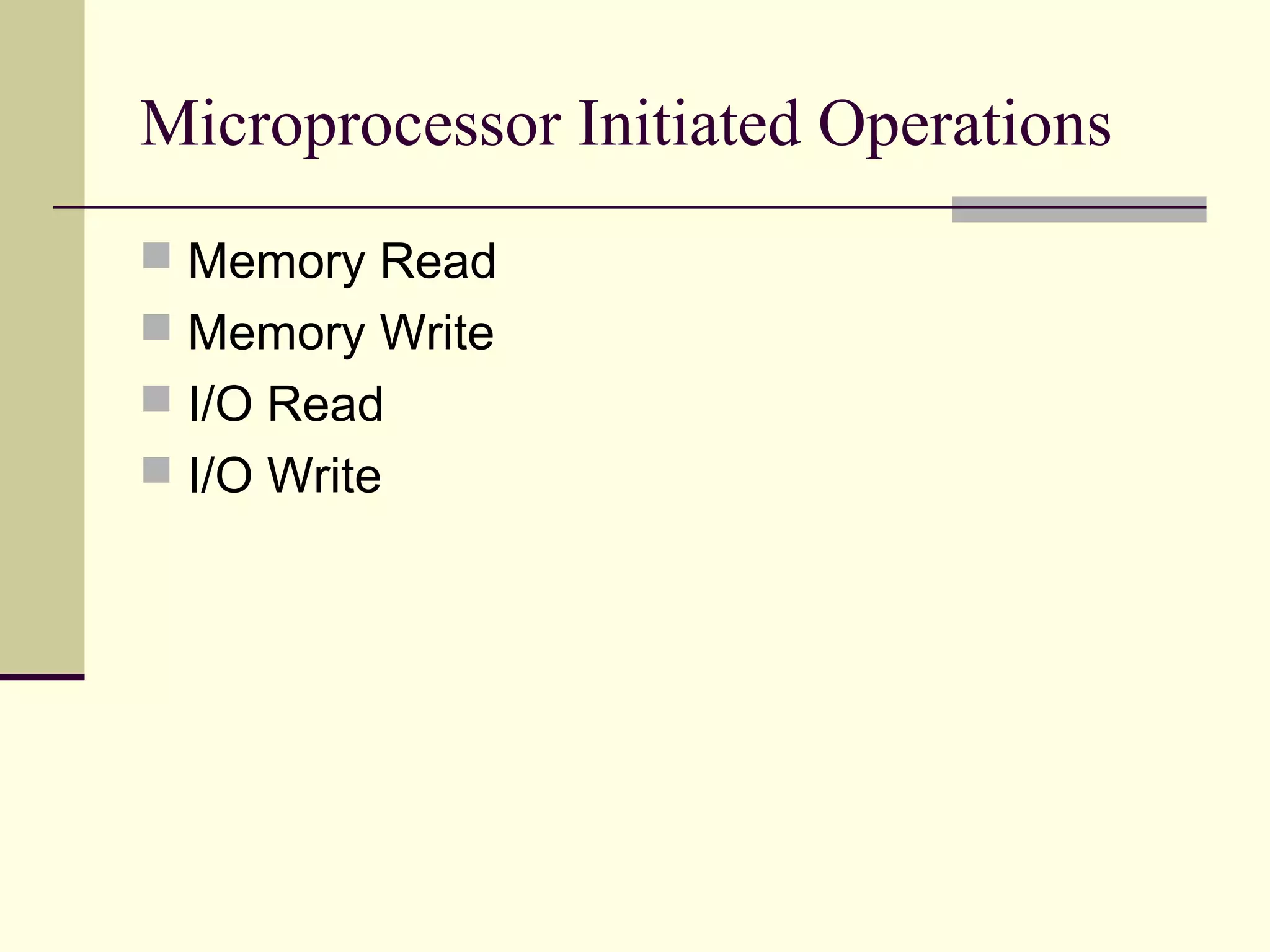 Microprocessor Initiated Operations
 Memory Read
 Memory Write
 I/O Read
 I/O Write
 