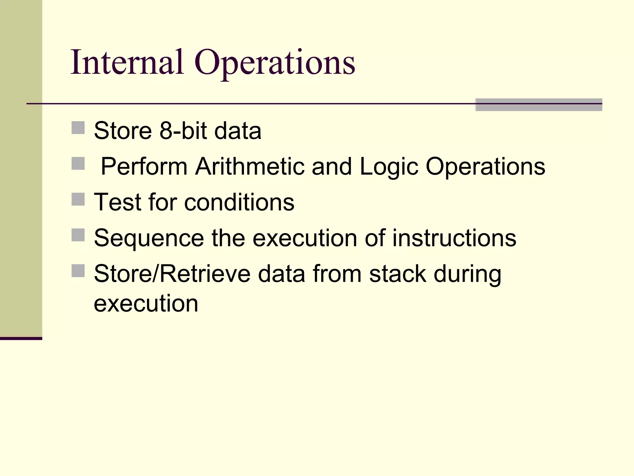 Internal Operations
 Store 8-bit data
 Perform Arithmetic and Logic Operations
 Test for conditions
 Sequence the execution of instructions
 Store/Retrieve data from stack during
execution
 