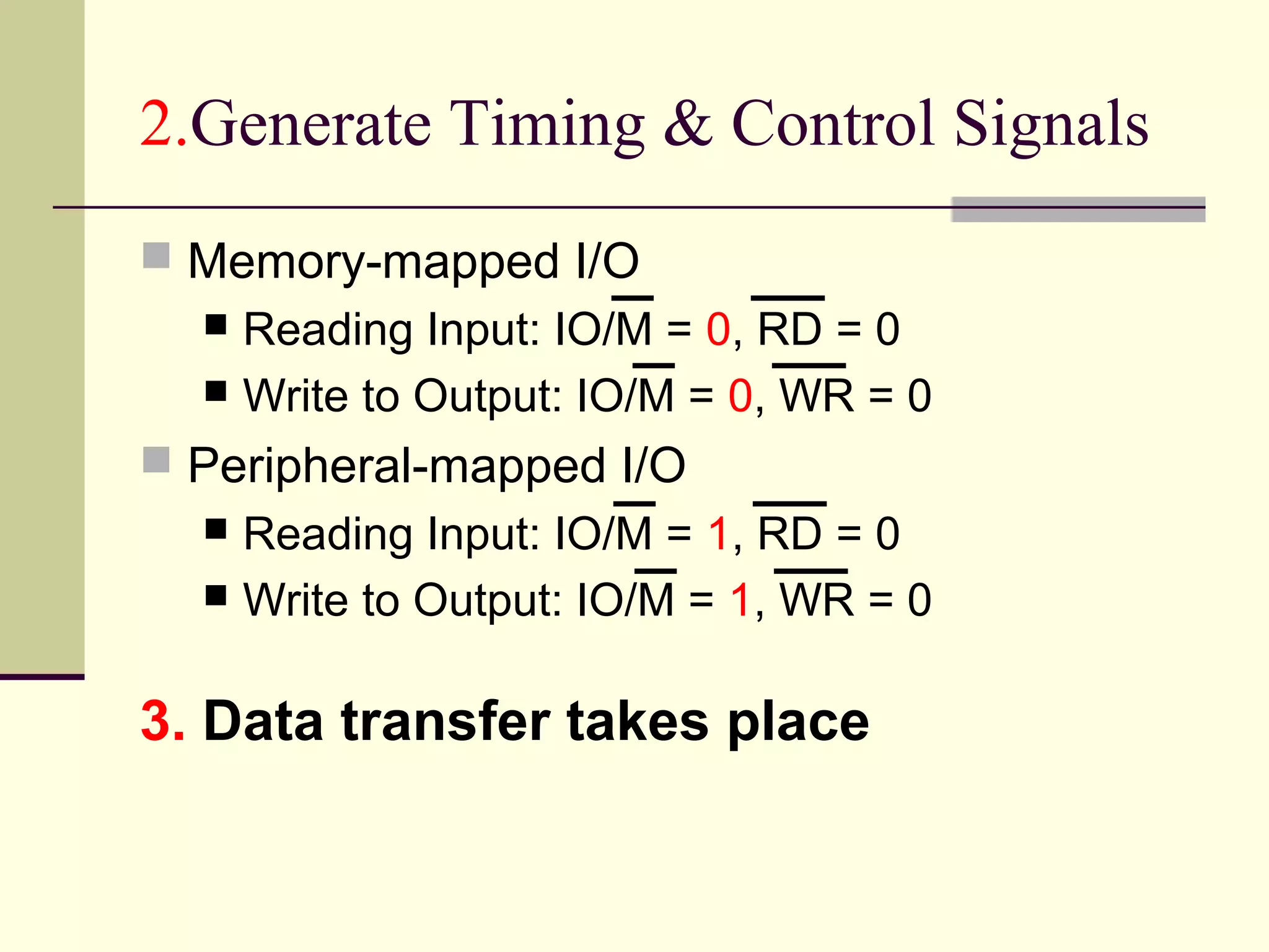 2.Generate Timing & Control Signals
 Memory-mapped I/O
 Reading Input: IO/M = 0, RD = 0
 Write to Output: IO/M = 0, WR = 0
 Peripheral-mapped I/O
 Reading Input: IO/M = 1, RD = 0
 Write to Output: IO/M = 1, WR = 0
3. Data transfer takes place
 