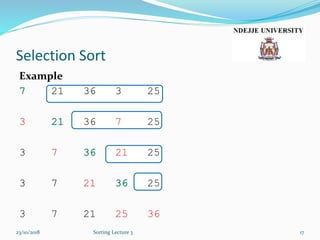 Selection Sort
Example
21 36 3 25
3 36 7 25
3 7 21 25
3 7 21 25
3 7 21 25 36
23/10/2018 Sorting Lecture 3 17
 