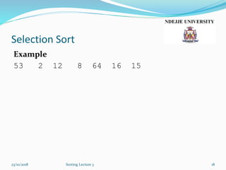 Selection Sort
Example
53 2 12 8 64 16 15
23/10/2018 Sorting Lecture 3 18
 