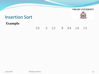 Insertion Sort
Example
53 2 12 8 64 16 15
23/10/2018 Sorting Lecture 3 24
 