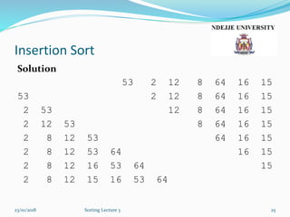 Insertion Sort
Solution
53 2 12 8 64 16 15
53 2 12 8 64 16 15
2 53 12 8 64 16 15
2 12 53 8 64 16 15
2 8 12 53 64 16 15
2 8 12 53 64 16 15
2 8 12 16 53 64 15
2 8 12 15 16 53 64
23/10/2018 Sorting Lecture 3 25
 