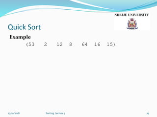 Quick Sort
Example
(53 2 12 8 64 16 15)
23/10/2018 Sorting Lecture 3 29
 