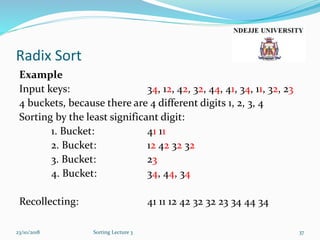 Radix Sort
Example
Input keys: 34, 12, 42, 32, 44, 41, 34, 11, 32, 23
4 buckets, because there are 4 different digits 1, 2, 3, 4
Sorting by the least significant digit:
1. Bucket: 41 11
2. Bucket: 12 42 32 32
3. Bucket: 23
4. Bucket: 34, 44, 34
Recollecting: 41 11 12 42 32 32 23 34 44 34
23/10/2018 Sorting Lecture 3 37
 