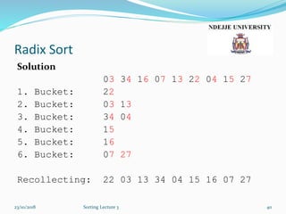 Radix Sort
Solution
03 34 16 07 13 22 04 15 27
1. Bucket: 22
2. Bucket: 03 13
3. Bucket: 34 04
4. Bucket: 15
5. Bucket: 16
6. Bucket: 07 27
Recollecting: 22 03 13 34 04 15 16 07 27
23/10/2018 Sorting Lecture 3 40
 