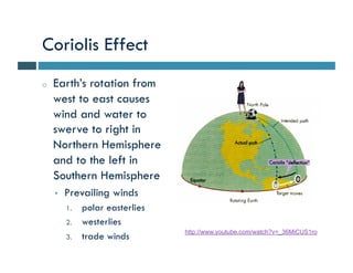 Coriolis Effect
o   Earth’s rotation from
    west to east causes
    wind and water to
    swerve to right in
    Northern Hemisphere
    and to the left in
    Southern Hemisphere
    •   Prevailing winds
        1.   polar easterlies
        2.   westerlies
                                http://www.youtube.com/watch?v=_36MiCUS1ro
        3.   trade winds
 
