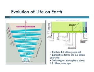 Evolution of Life on Earth




                   • Earth is 4.5 billion years old
                   • Earliest life forms are 3.5 billion
                   years old
                   • 20% oxygen atmosphere about
                   1.2 billion years ago
 
