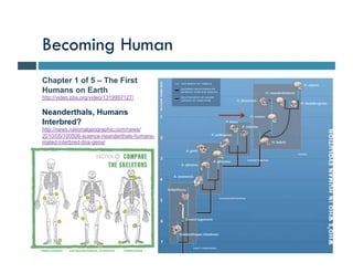 Becoming Human
Chapter 1 of 5 – The First
Humans on Earth
http://video.pbs.org/video/1319997127/

Neanderthals, Humans
Interbred?
http://news.nationalgeographic.com/news/
2010/05/100506-science-neanderthals-humans-
mated-interbred-dna-gene/
 