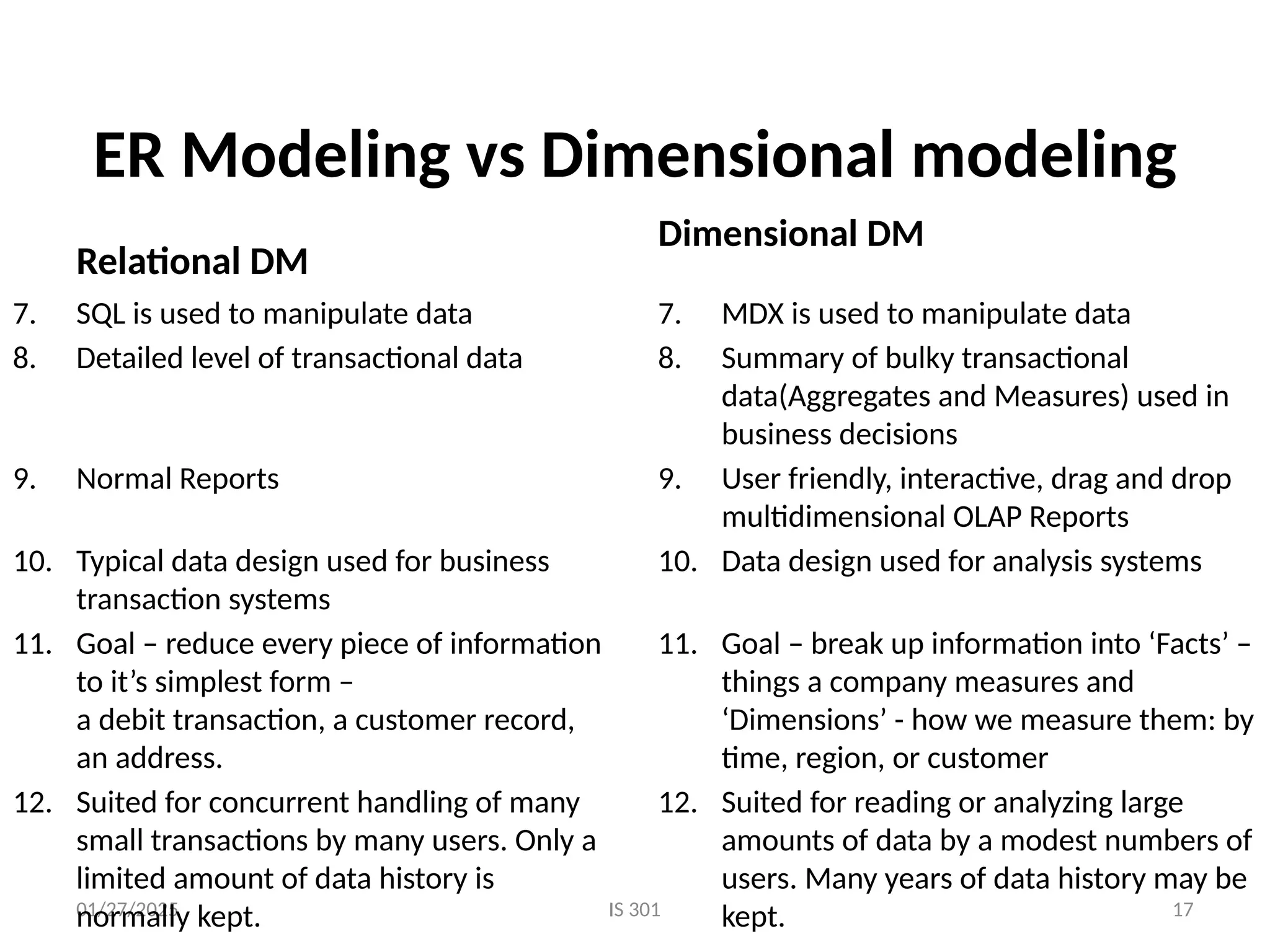 01/27/2025 IS 301
ER Modeling vs Dimensional modeling
Relational DM
Dimensional DM
7. SQL is used to manipulate data
8. Detailed level of transactional data
9. Normal Reports
10. Typical data design used for business
transaction systems
11. Goal – reduce every piece of information
to it’s simplest form –
a debit transaction, a customer record,
an address.
12. Suited for concurrent handling of many
small transactions by many users. Only a
limited amount of data history is
normally kept.
7. MDX is used to manipulate data
8. Summary of bulky transactional
data(Aggregates and Measures) used in
business decisions
9. User friendly, interactive, drag and drop
multidimensional OLAP Reports
10. Data design used for analysis systems
11. Goal – break up information into ‘Facts’ –
things a company measures and
‘Dimensions’ - how we measure them: by
time, region, or customer
12. Suited for reading or analyzing large
amounts of data by a modest numbers of
users. Many years of data history may be
kept. 17
 