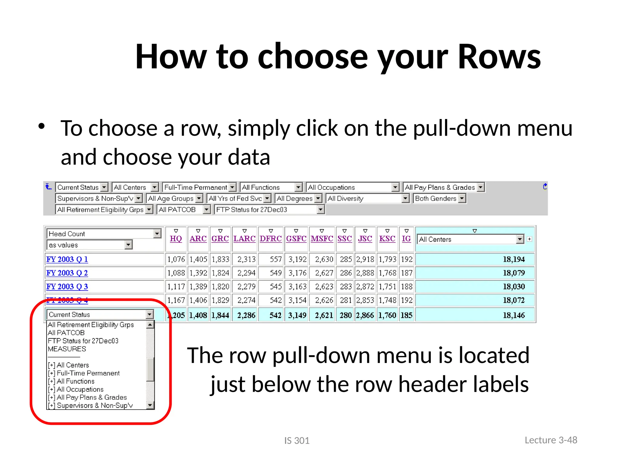 How to choose your Rows
• To choose a row, simply click on the pull-down menu
and choose your data
The row pull-down menu is located
just below the row header labels
Lecture 3-48
IS 301
 