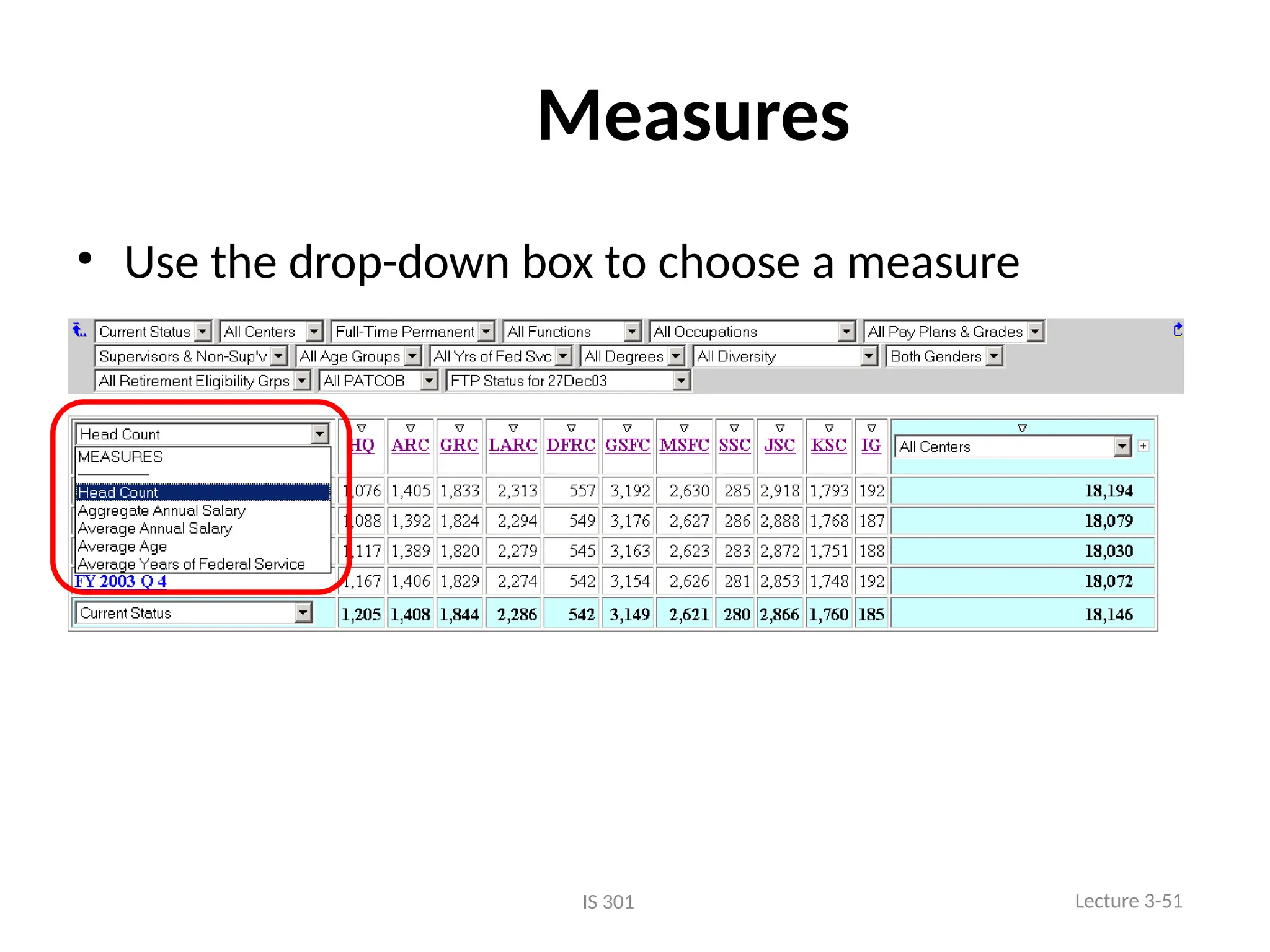 Measures
• Use the drop-down box to choose a measure
Lecture 3-51
IS 301
 