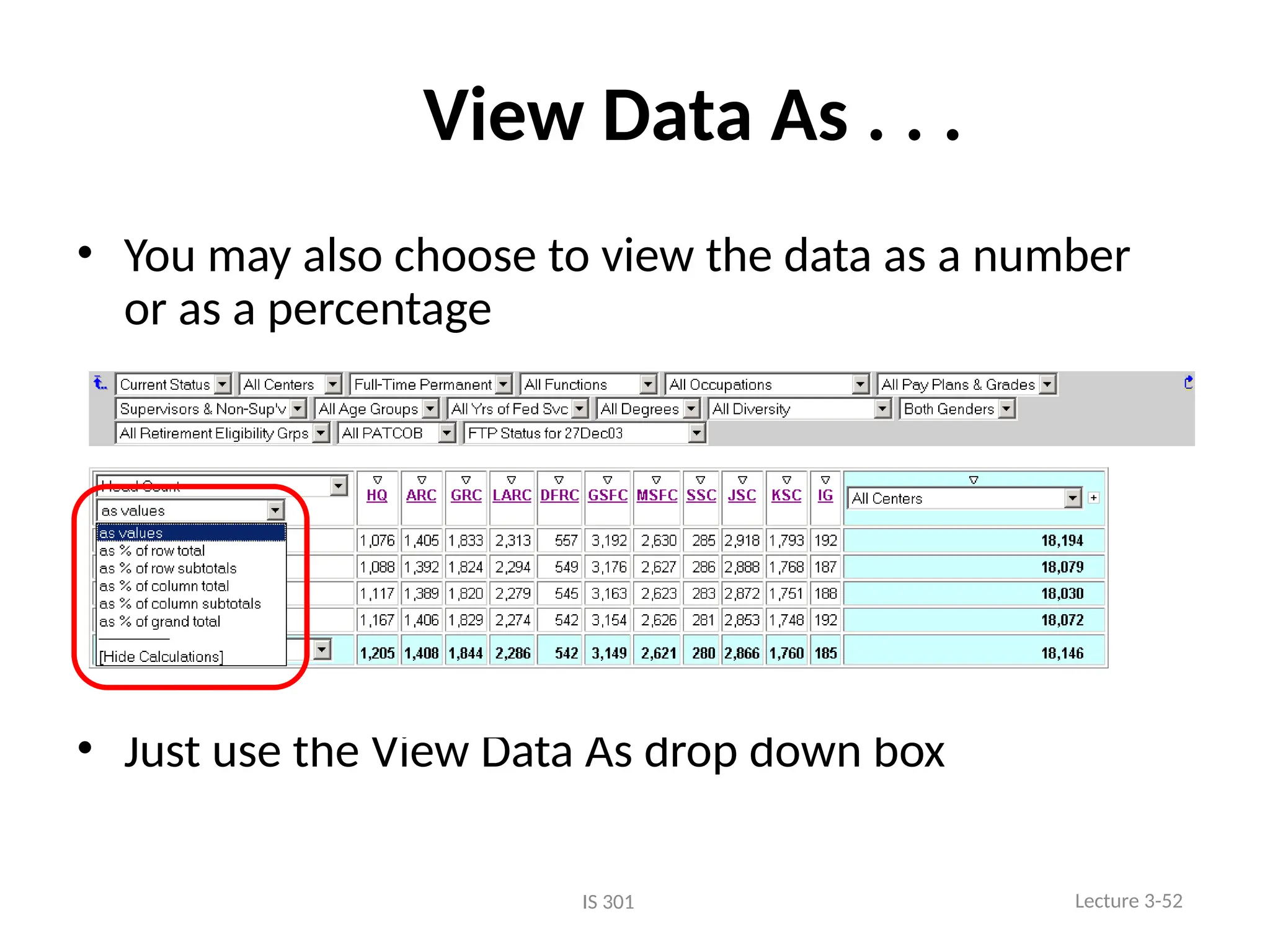 View Data As . . .
• You may also choose to view the data as a number
or as a percentage
• Just use the View Data As drop down box
Lecture 3-52
IS 301
 
