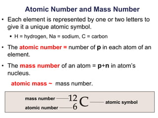 5
Atomic Number and Mass Number
• Each element is represented by one or two letters to
give it a unique atomic symbol.
▪ H = hydrogen, Na = sodium, C = carbon
• The atomic number = number of p in each atom of an
element.
• The mass number of an atom = p+n in atom’s
nucleus.
atomic mass ~ mass number.
5
mass number
atomic number
atomic symbol
 