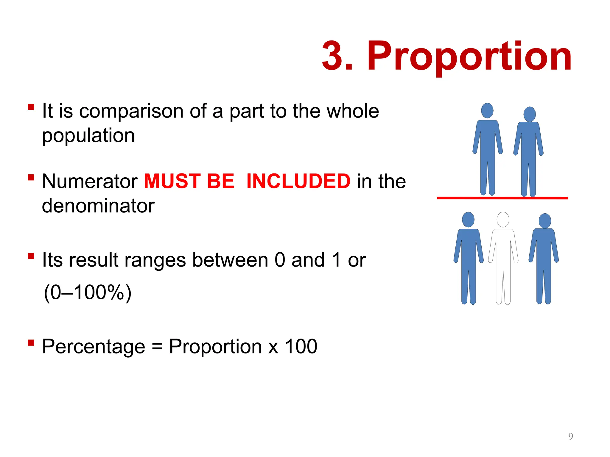 9
3. Proportion
 It is comparison of a part to the whole
population
 Numerator MUST BE INCLUDED in the
denominator
 Its result ranges between 0 and 1 or
(0–100%)
 Percentage = Proportion x 100
 
