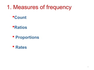 3
Count
Ratios
 Proportions
 Rates
1. Measures of frequency
 