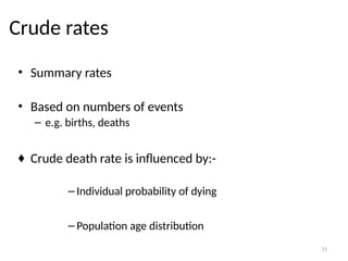 35
Crude rates
• Summary rates
• Based on numbers of events
– e.g. births, deaths
♦ Crude death rate is influenced by:-
– Individual probability of dying
– Population age distribution
 