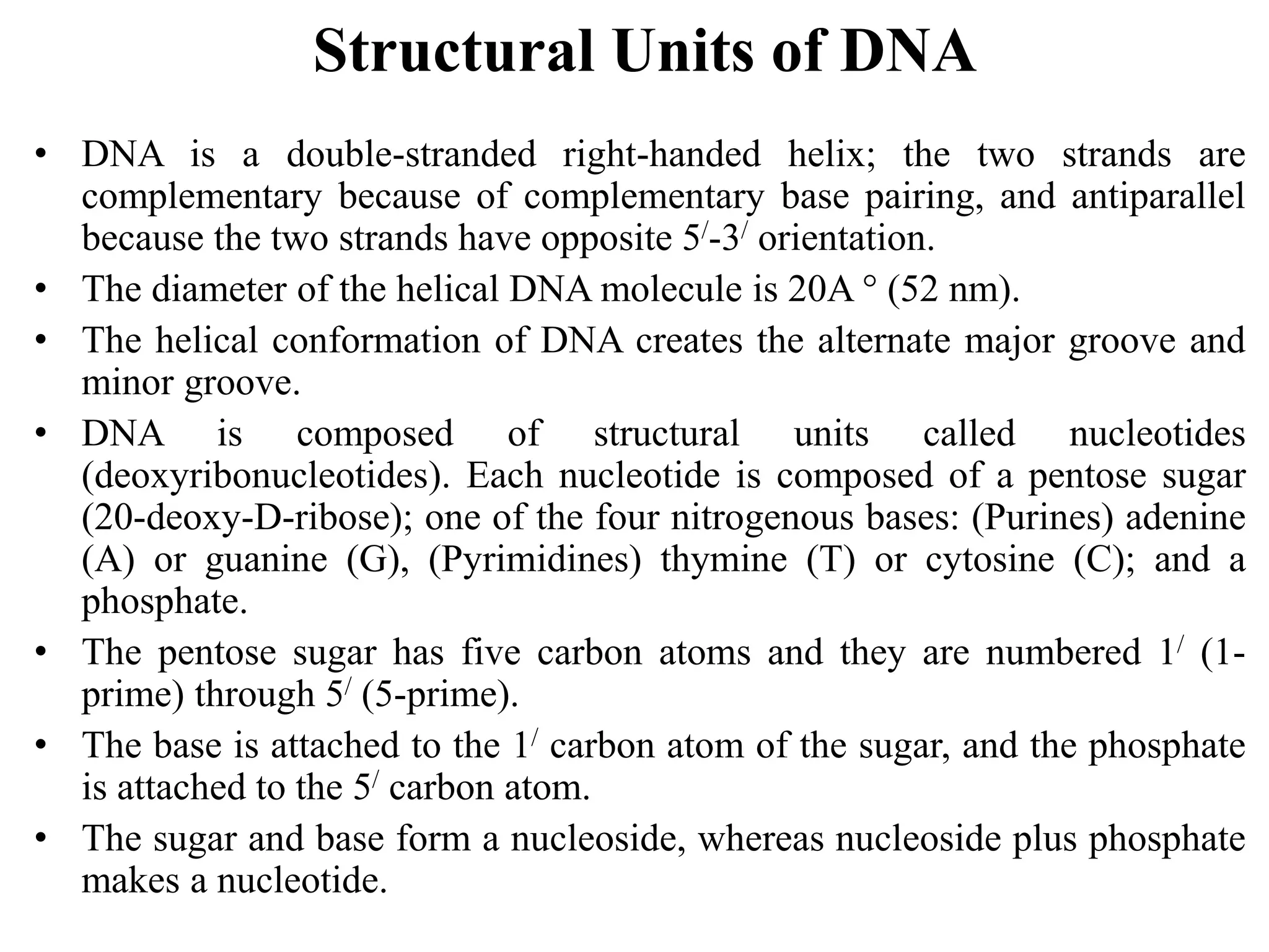 Structural Units of DNA
• DNA is a double-stranded right-handed helix; the two strands are
complementary because of complementary base pairing, and antiparallel
because the two strands have opposite 5/-3/ orientation.
• The diameter of the helical DNA molecule is 20A ° (52 nm).
• The helical conformation of DNA creates the alternate major groove and
minor groove.
• DNA is composed of structural units called nucleotides
(deoxyribonucleotides). Each nucleotide is composed of a pentose sugar
(20-deoxy-D-ribose); one of the four nitrogenous bases: (Purines) adenine
(A) or guanine (G), (Pyrimidines) thymine (T) or cytosine (C); and a
phosphate.
• The pentose sugar has five carbon atoms and they are numbered 1/ (1-
prime) through 5/ (5-prime).
• The base is attached to the 1/ carbon atom of the sugar, and the phosphate
is attached to the 5/ carbon atom.
• The sugar and base form a nucleoside, whereas nucleoside plus phosphate
makes a nucleotide.
 
