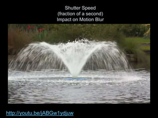 Shutter Speed
(fraction of a second)
Impact on Motion Blur
http://youtu.be/jABGw1ydjuw
 