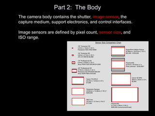 Part 2: The Body
The camera body contains the shutter, image sensor, the
capture medium, support electronics, and control interfaces.
Image sensors are defined by pixel count, sensor size, and
ISO range.
 