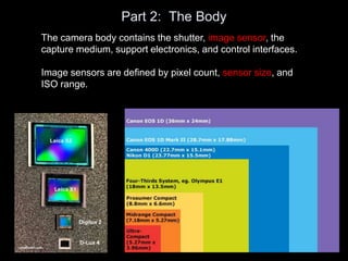 Part 2: The Body
The camera body contains the shutter, image sensor, the
capture medium, support electronics, and control interfaces.
Image sensors are defined by pixel count, sensor size, and
ISO range.
 