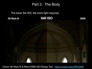 Part 2: The Body
The lower the ISO, the more light required.
Canon 5D Mark III & Nikon D800 ISO Range Test https://vimeo.com/39816300
 