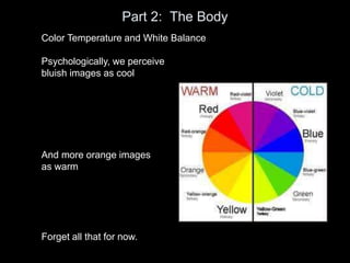 Part 2: The Body
Color Temperature and White Balance
Psychologically, we perceive
bluish images as cool
And more orange images
as warm
Forget all that for now.
 