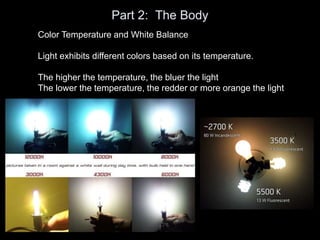 Part 2: The Body
Color Temperature and White Balance
Light exhibits different colors based on its temperature.
The higher the temperature, the bluer the light
The lower the temperature, the redder or more orange the light
 