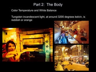 Part 2: The Body
Color Temperature and White Balance
Tungsten incandescent light, at around 3200 degrees kelvin, is
reddish or orange
 