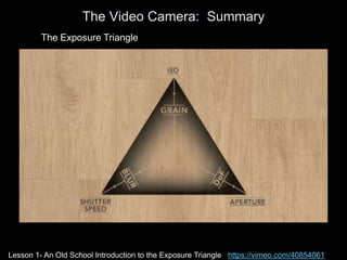 The Video Camera: Summary
The Exposure Triangle
Lesson 1- An Old School Introduction to the Exposure Triangle https://vimeo.com/40854061
 
