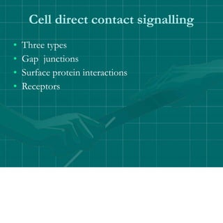 Cell direct contact signalling
• Three types
• Gap junctions
• Surface protein interactions
• Receptors
 