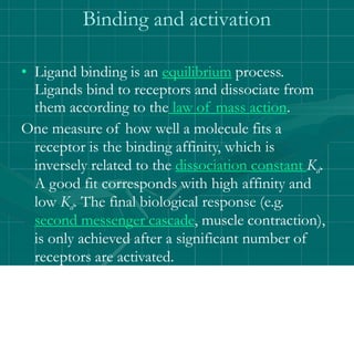 Binding and activation
• Ligand binding is an equilibrium process.
Ligands bind to receptors and dissociate from
them according to the law of mass action.
One measure of how well a molecule fits a
receptor is the binding affinity, which is
inversely related to the dissociation constant Kd.
A good fit corresponds with high affinity and
low Kd. The final biological response (e.g.
second messenger cascade, muscle contraction),
is only achieved after a significant number of
receptors are activated.
 