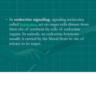 • In endocrine signaling, signaling molecules,
called hormones, act on target cells distant from
their site of synthesis by cells of endocrine
organs. In animals, an endocrine hormone
usually is carried by the blood from its site of
release to its target.
 