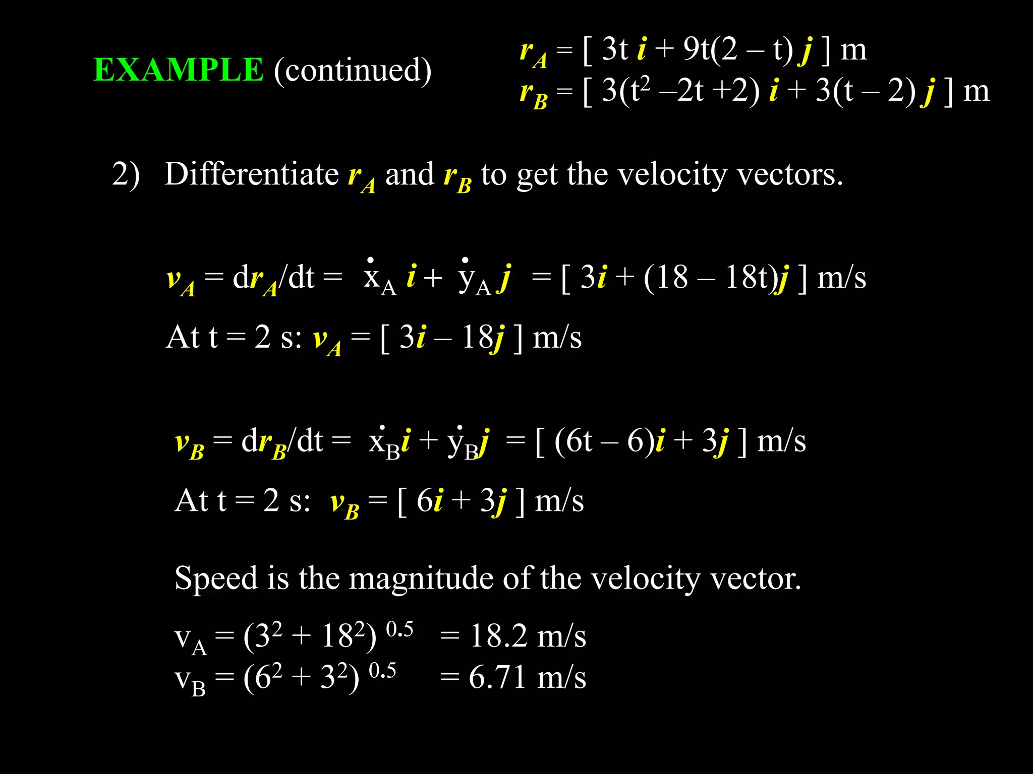 EXAMPLE (continued)
2) Differentiate rA and rB to get the velocity vectors.
Speed is the magnitude of the velocity vector.
vA = (32 + 182) 0.5 = 18.2 m/s
vB = (62 + 32) 0.5 = 6.71 m/s
vA = drA/dt = = [ 3i + (18 – 18t)j ] m/s
At t = 2 s: vA = [ 3i – 18j ] m/s
jyAixA. +
vB = drB/dt = xBi + yBj = [ (6t – 6)i + 3j ] m/s
At t = 2 s: vB = [ 6i + 3j ] m/s
.
•
.
•
rA = [ 3t i + 9t(2 – t) j ] m
rB = [ 3(t2 –2t +2) i + 3(t – 2) j ] m
 