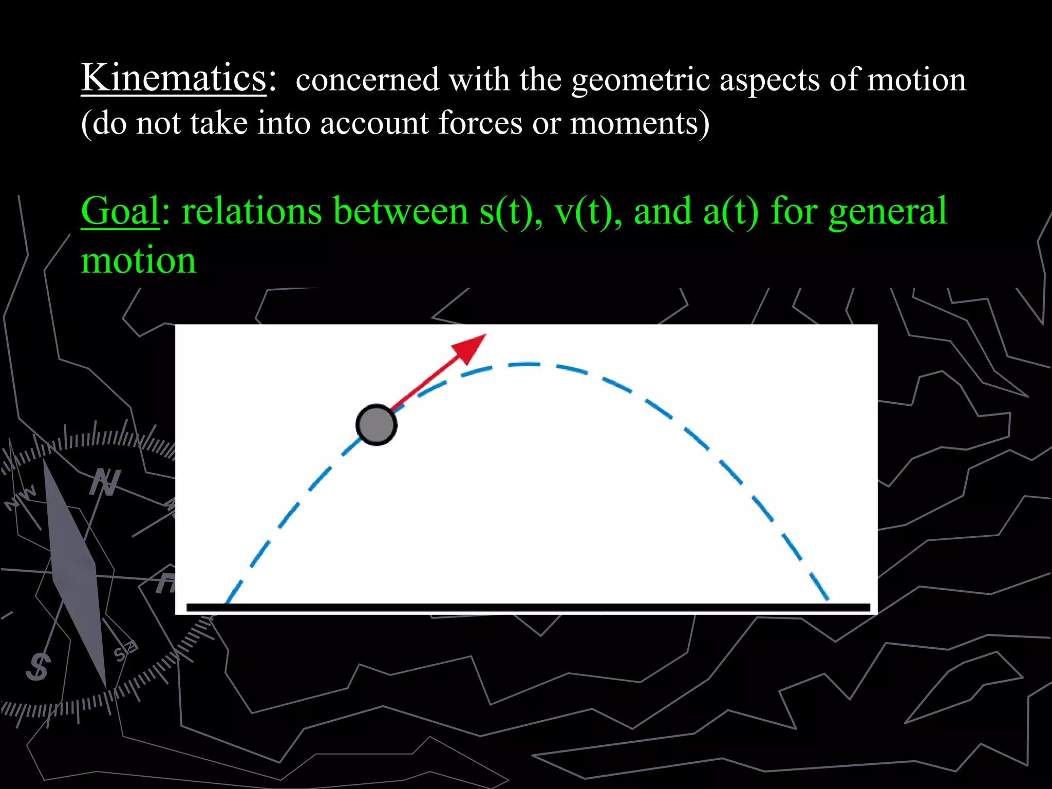 Kinematics: concerned with the geometric aspects of motion
(do not take into account forces or moments)
Goal: relations between s(t), v(t), and a(t) for general
motion
 