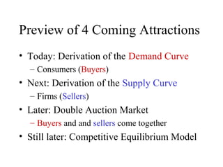 Preview of 4 Coming Attractions 
• Today: Derivation of the Demand Curve 
– Consumers (Buyers) 
• Next: Derivation of the Supply Curve 
– Firms (Sellers) 
• Later: Double Auction Market 
– Buyers and and sellers come together 
• Still later: Competitive Equilibrium Model 
 