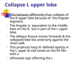 Collapse L upper lobe
• This behaves differently than collapse of
the R upper lobe because of the lingular
segment,
• The lingular is equivalent to the middle
lobe on the R, but is part of the L upper
lobe.
• The oblique fissure moves forwards & the
collapsed lobe lies anteriorly against the
chest wall.
• This produces hazy ill -defined opacity in
the L upper & mid zones on the PA film
with a
• silhouette sign affecting the L
 