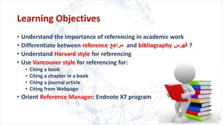 Learning Objectives
• Understand the importance of referencing in academic work
• Differentiate between reference ‫مراجع‬ and bibliography ‫فهرس‬ ?
• Understand Harvard style for referencing
• Use Vancouver style for referencing for:
• Citing a book
• Citing a chapter in a book
• Citing a journal article
• Citing from Webpage
• Orient Reference Manager: Endnote X7 program
 