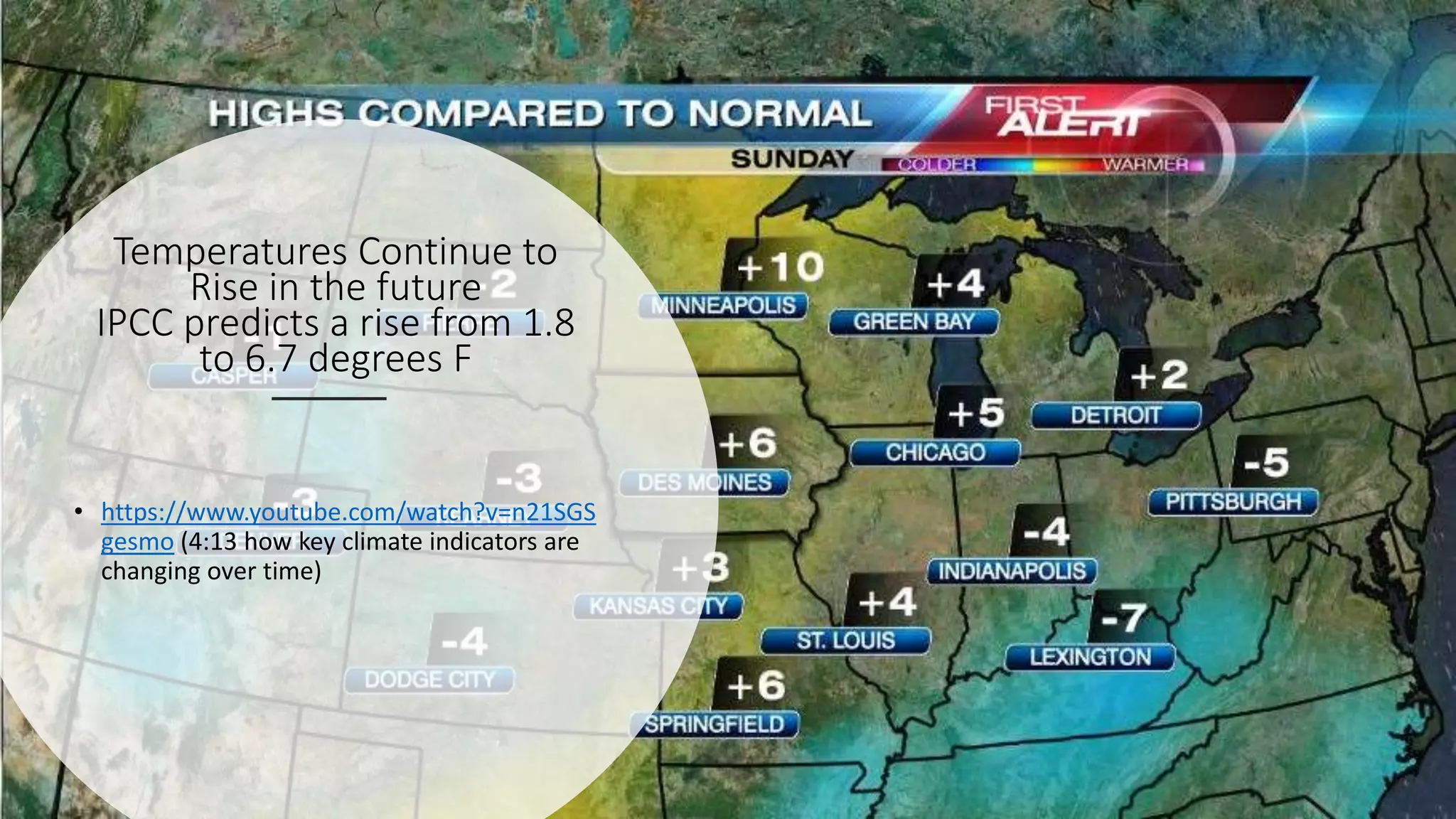 Temperatures Continue to
Rise in the future
IPCC predicts a rise from 1.8
to 6.7 degrees F
• https://www.youtube.com/watch?v=n21SGS
gesmo (4:13 how key climate indicators are
changing over time)
 