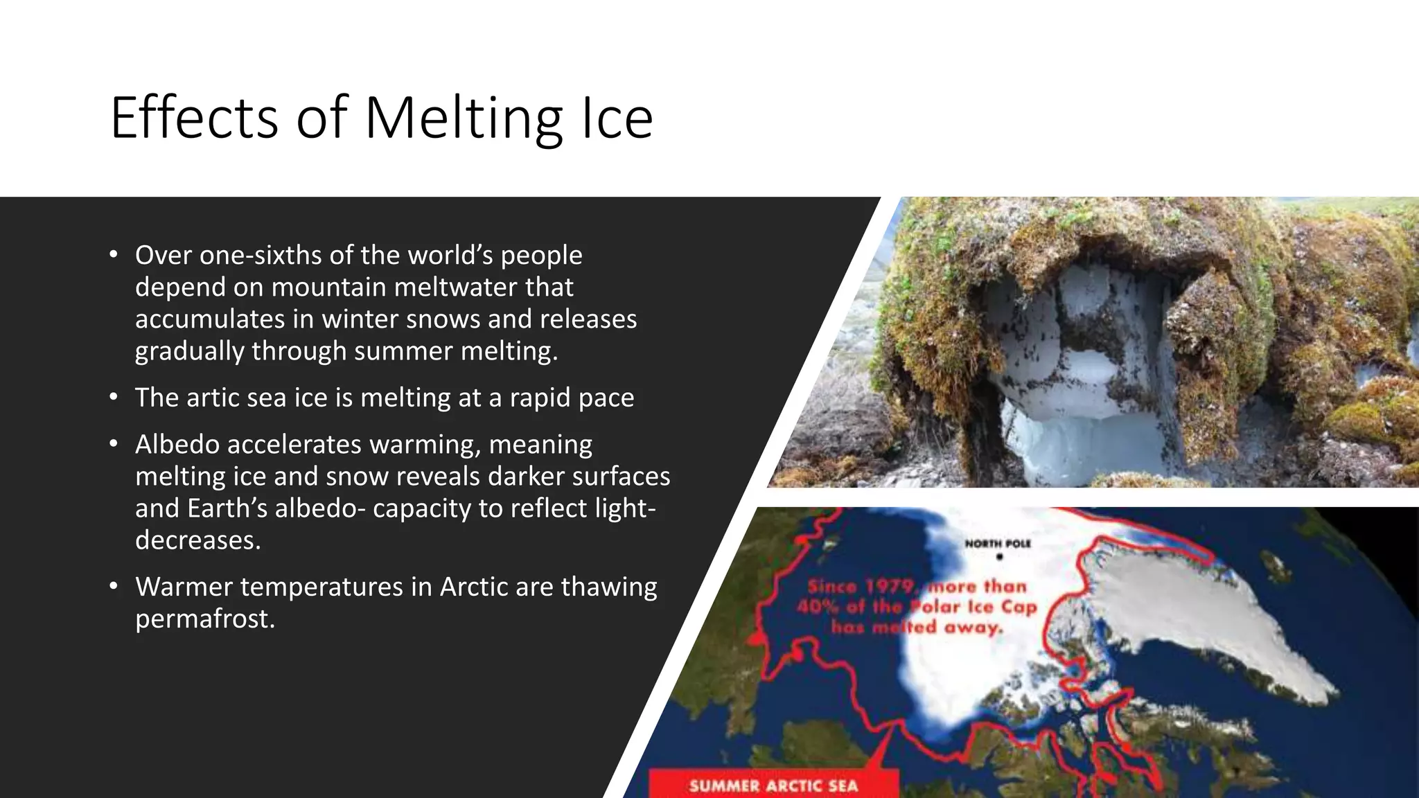 Effects of Melting Ice
• Over one-sixths of the world’s people
depend on mountain meltwater that
accumulates in winter snows and releases
gradually through summer melting.
• The artic sea ice is melting at a rapid pace
• Albedo accelerates warming, meaning
melting ice and snow reveals darker surfaces
and Earth’s albedo- capacity to reflect light-
decreases.
• Warmer temperatures in Arctic are thawing
permafrost.
 