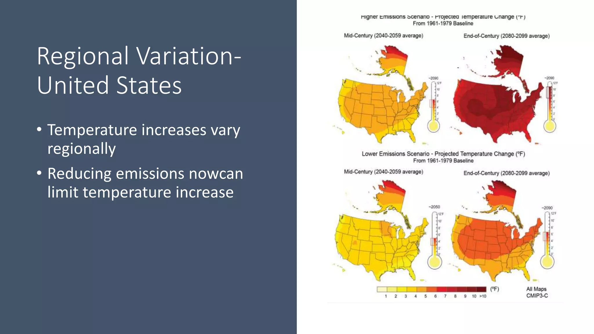 Regional Variation-
United States
• Temperature increases vary
regionally
• Reducing emissions nowcan
limit temperature increase
 