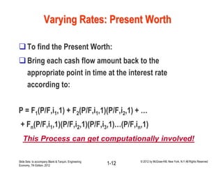 Varying Rates: Present Worth
To find the Present Worth:
Bring each cash flow amount back to the
appropriate point in time at the interest rate
according to:
P = F1(P/F,i1,1) + F2(P/F,i1,1)(P/F,i2,1) + …
+ Fn(P/F,i1,1)(P/F,i2,1)(P/F,i3,1)…(P/F,in,1)
This Process can get computationally involved!
Slide Sets to accompany Blank & Tarquin, Engineering
Economy, 7th Edition, 2012 1-12 © 2012 by McGraw-Hill, New York, N.Y All Rights Reserved
 