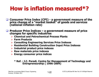 How is inflation measured*?
 Consumer Price Index (CPI) - a government measure of the
price change of a “market basket” of goods and services
(national inflation rate)
 Producer Price Indices – a government measure of price
changes for specific industries
 Chemical and Petrochemical Process Plants
 Farm Products
 Consulting Engineering Services Price Indexes
 Residential Building Construction Input Price Indexes
 Industrial product price indexes
 Raw materials price indexes
 Energy consumer price indices
* Ref. : J.C. Paradi, Centre for Management of Technology and
Entrepreneurship ( 1996-2004)
1-22Slide Sets to accompany Blank & Tarquin, Engineering
Economy, 7th Edition, 2012
© 2012 by McGraw-Hill, New York, N.Y All Rights Reserved
 