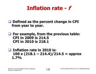 Inflation rate - f
 Defined as the percent change in CPI
from year to year.
 For example, from the previous table:
CPI in 2009 is 214.5
CPI in 2010 is 218.1
 Inflation rate in 2010 is:
100 x (218.1 – 214.4)/214.5 = approx
1.7%
Slide Sets to accompany Blank & Tarquin, Engineering
Economy, 7th Edition, 2012 1-25 © 2012 by McGraw-Hill, New York, N.Y All Rights Reserved
 