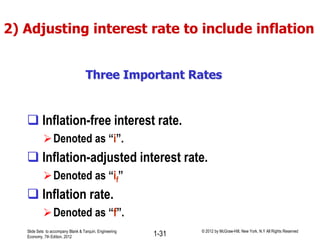 Three Important Rates
 Inflation-free interest rate.
Denoted as “i”.
 Inflation-adjusted interest rate.
Denoted as “if”
 Inflation rate.
Denoted as “f”.
2) Adjusting interest rate to include inflation
Slide Sets to accompany Blank & Tarquin, Engineering
Economy, 7th Edition, 2012 1-31 © 2012 by McGraw-Hill, New York, N.Y All Rights Reserved
 