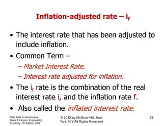 Inflation-adjusted rate – if
• The interest rate that has been adjusted to
include inflation.
• Common Term –
– Market Interest Rate.
– Interest rate adjusted for inflation.
• The if rate is the combination of the real
interest rate i, and the inflation rate f.
• Also called the inflated interest rate.
Slide Sets to accompany
Blank & Tarquin, Engineering
Economy, 7th Edition, 2012
33© 2012 by McGraw-Hill, New
York, N.Y All Rights Reserved
 